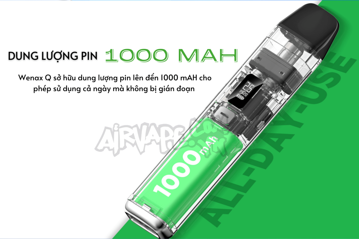 alt="Wenax Q có dung lượng pin 1000mah cho phép sử dụng cả ngày mà không bị gián đoạn"