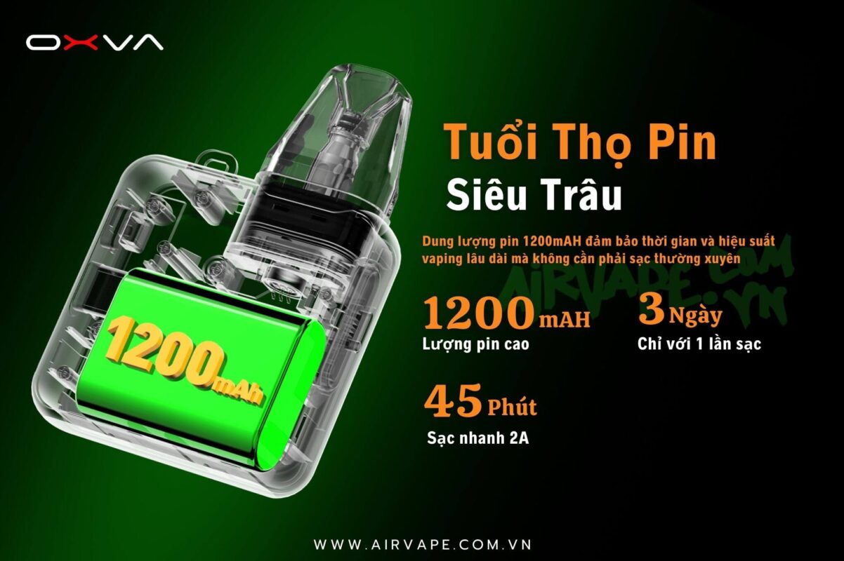 alt="Xlim SQ Pro có dung lượng pin 1200mah, sạc nhanh 2a, sử dụng 3 ngày liên tục chỉ với một lần sạc"