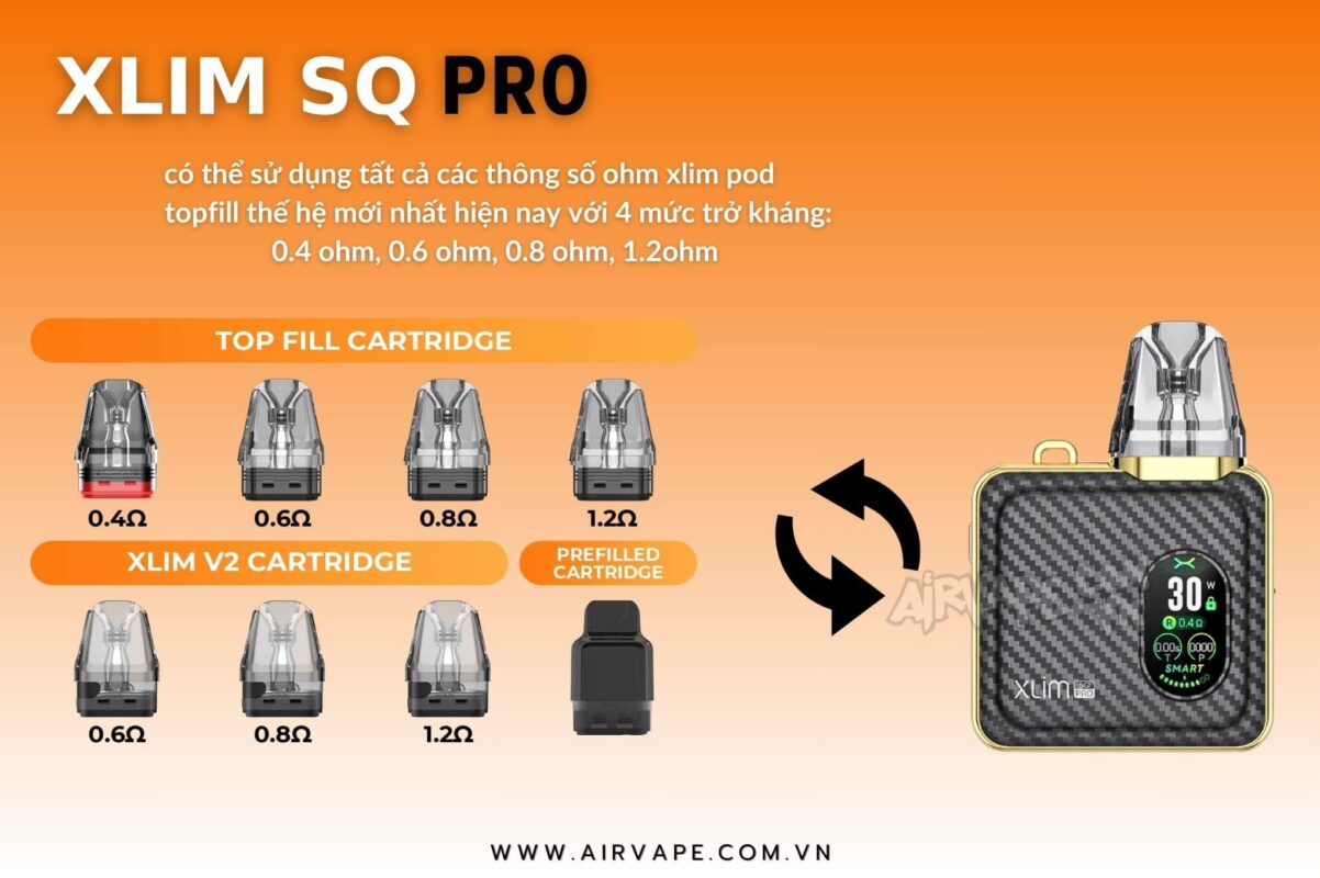 alt="đầu pod thay thế topfill cho xlim pod, thế hệ mới nhất hiện nay với 4 mức trở kháng 0.ohm, 0.6ohm, 0.8ohm, 1.2ohm"